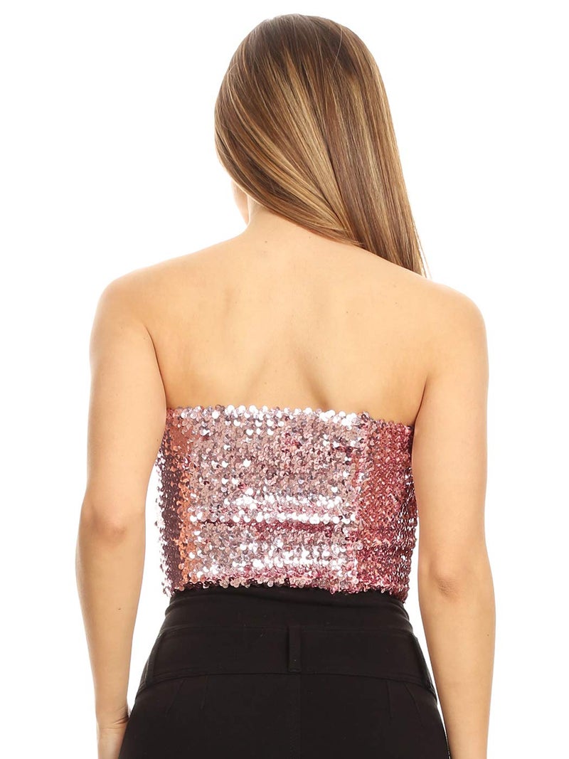 Anna-Kaci Womens Shiny Sequin Party Cropped Strapless Bandeau Stretch Tube Top, Pink, Small - Medium - Image 2